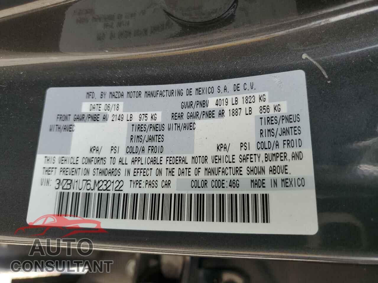 MAZDA 3 2018 - 3MZBN1U76JM232122