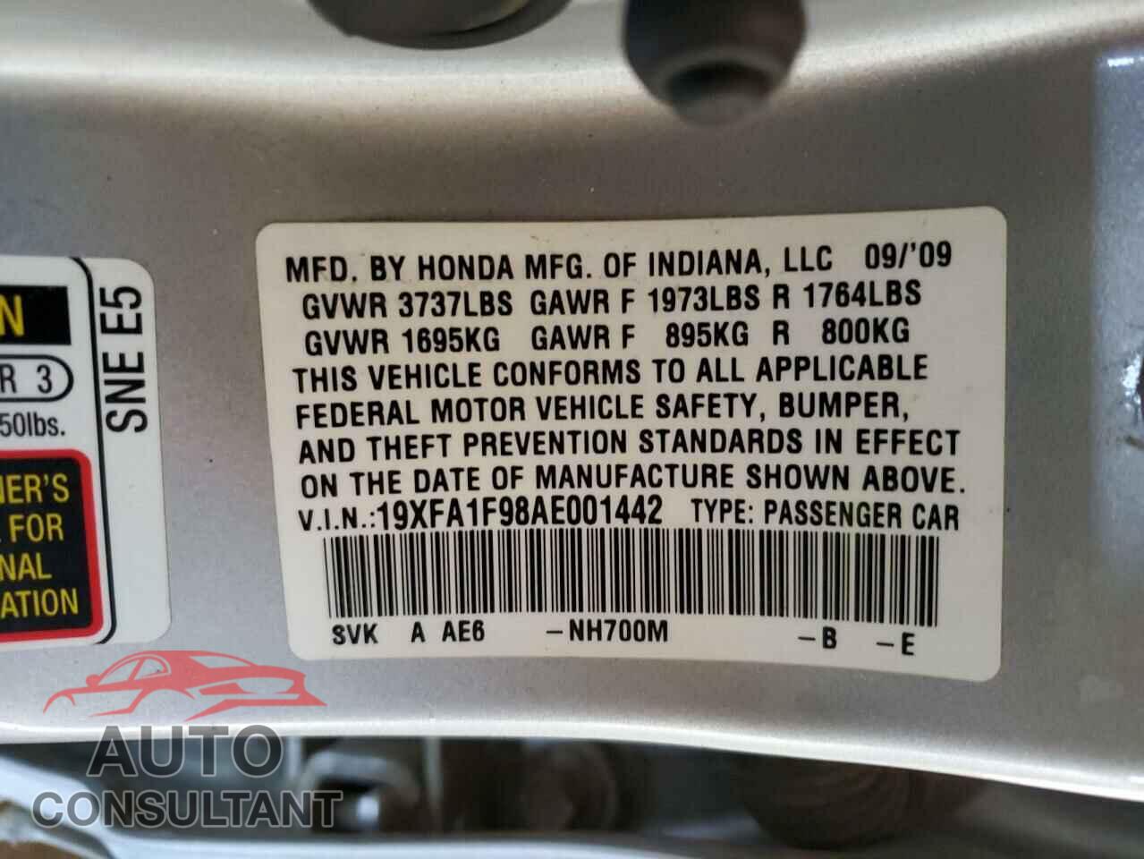 HONDA CIVIC 2010 - 19XFA1F98AE001442
