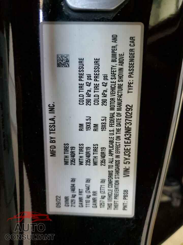 TESLA MODEL 3 2022 - 5YJ3E1EA3NF370292