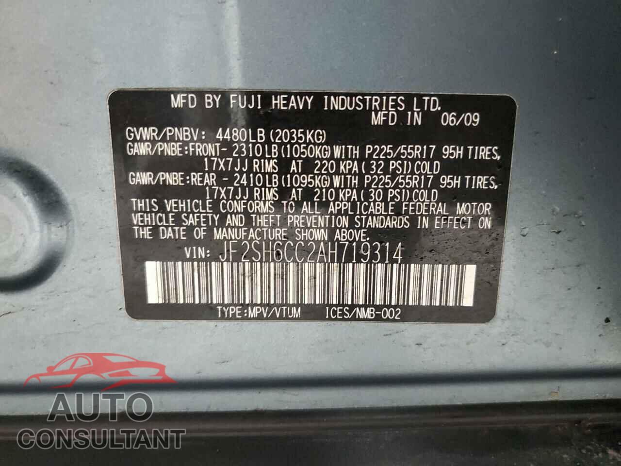 SUBARU FORESTER 2010 - JF2SH6CC2AH719314