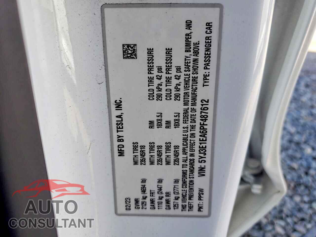 TESLA MODEL 3 2023 - 5YJ3E1EA6PF487612