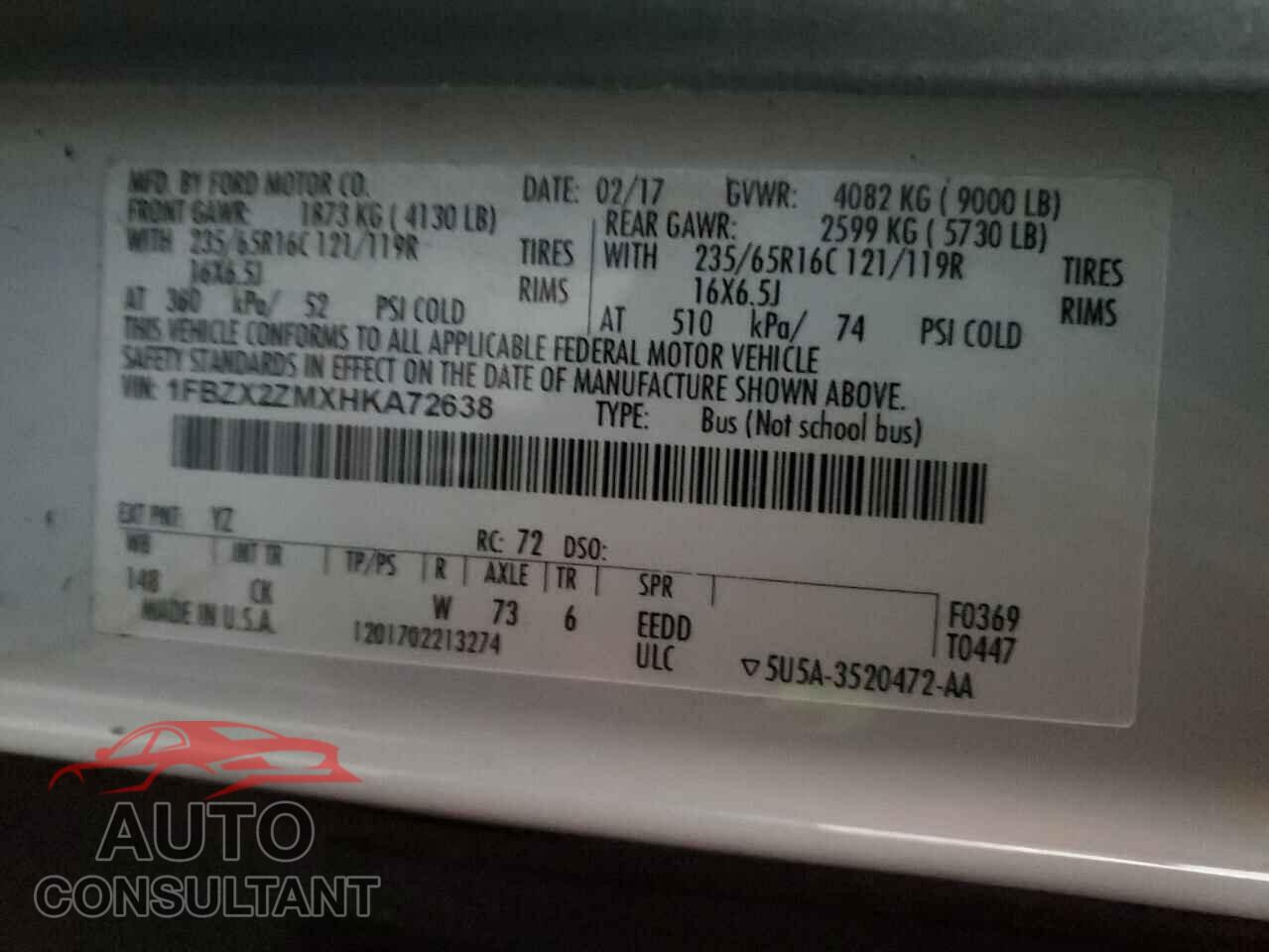 FORD TRANSIT 2017 - 1FBZX2ZMXHKA72638