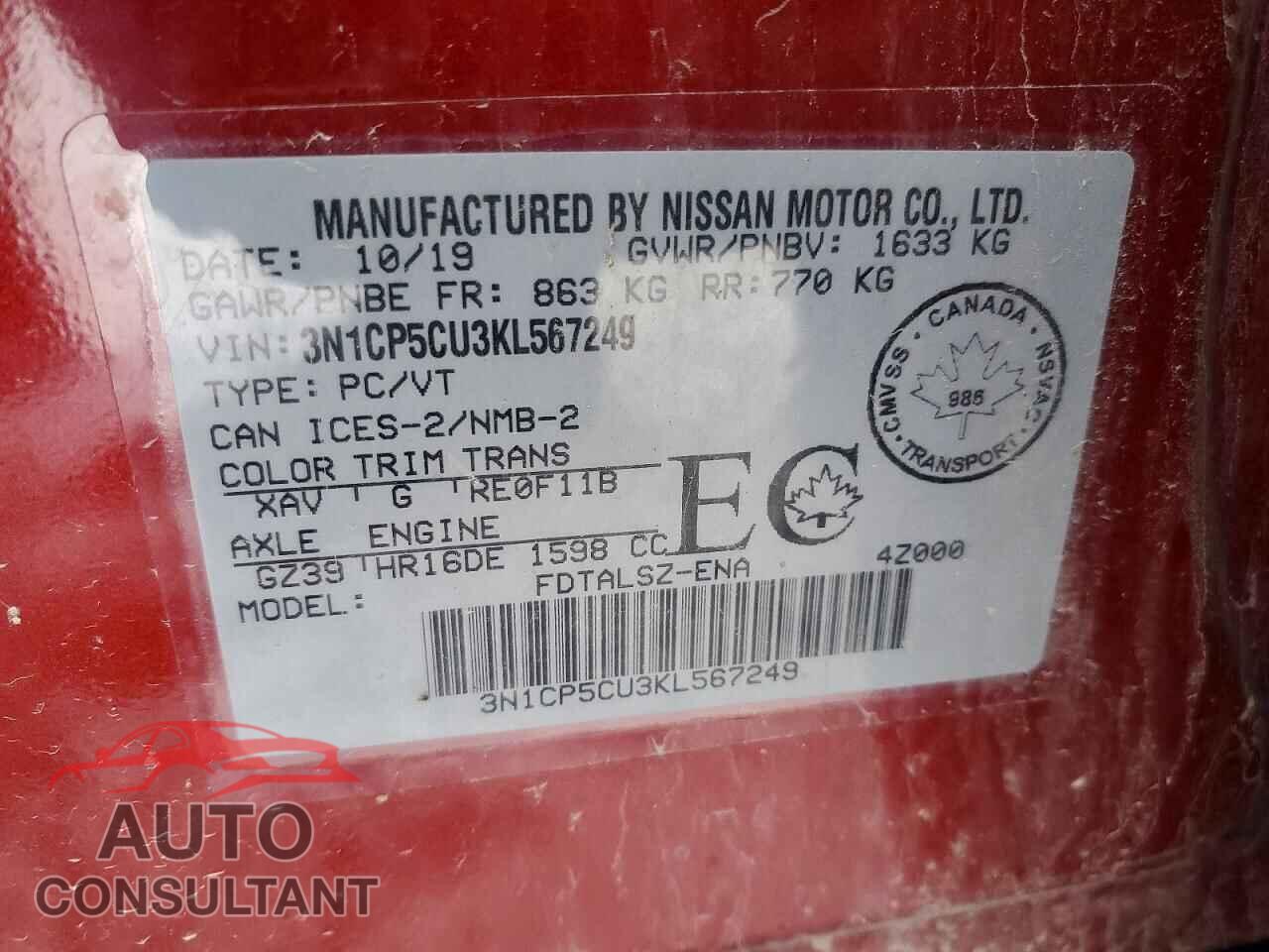 NISSAN KICKS 2019 - 3N1CP5CU3KL567249