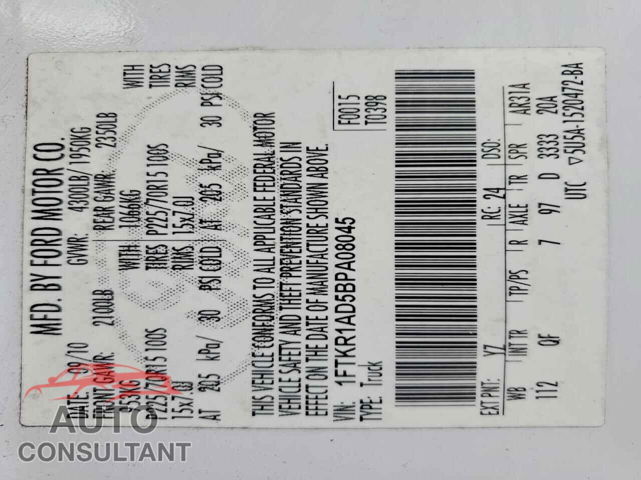 FORD RANGER 2011 - 1FTKR1AD5BPA08045