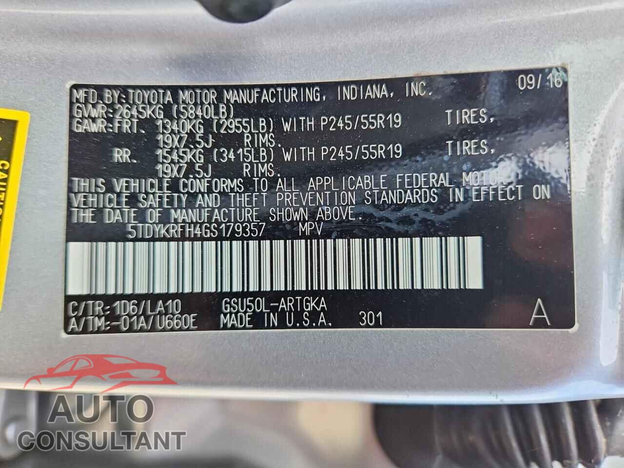 TOYOTA HIGHLANDER 2016 - 5TDYKRFH4GS179357