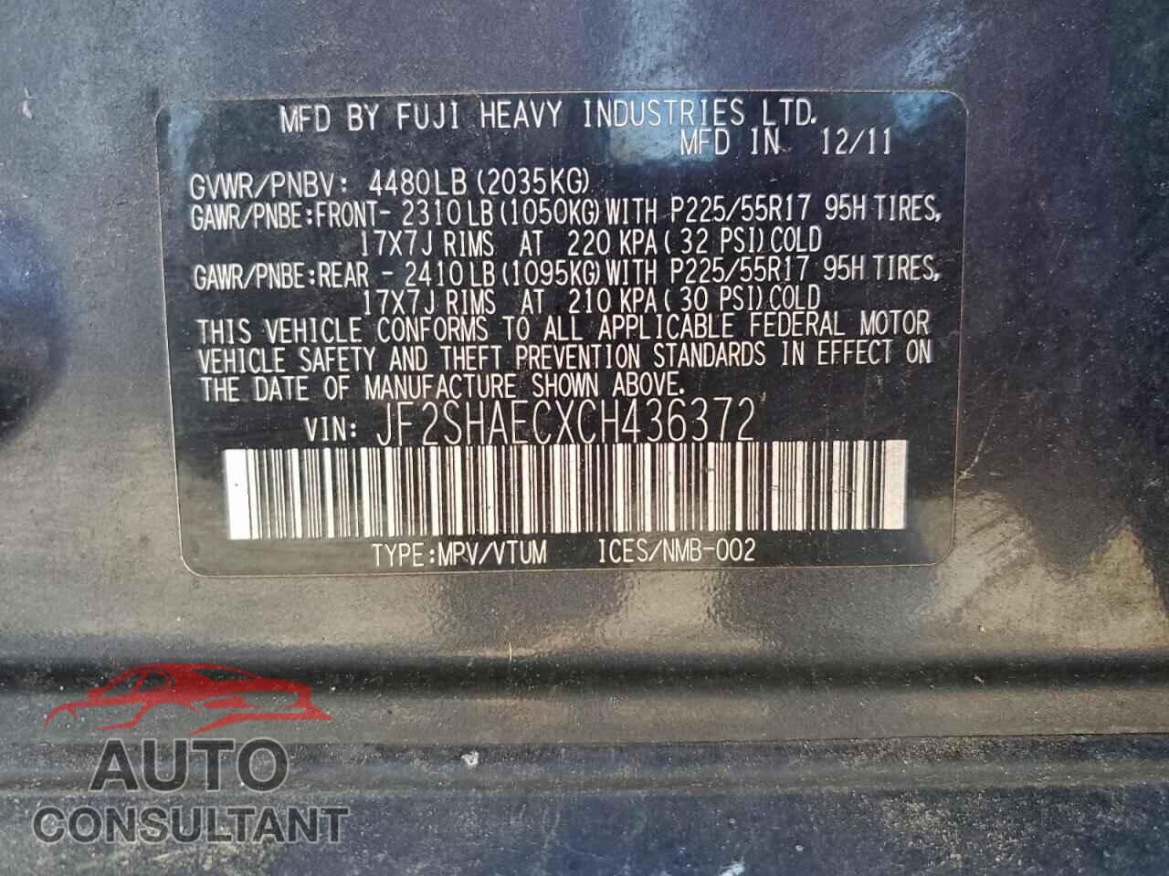 SUBARU FORESTER 2012 - JF2SHAECXCH436372