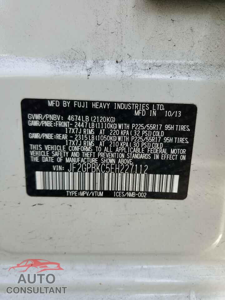 SUBARU XV 2014 - JF2GPBKC5EH227112