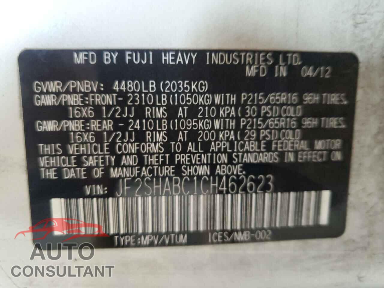 SUBARU FORESTER 2012 - JF2SHABC1CH462623