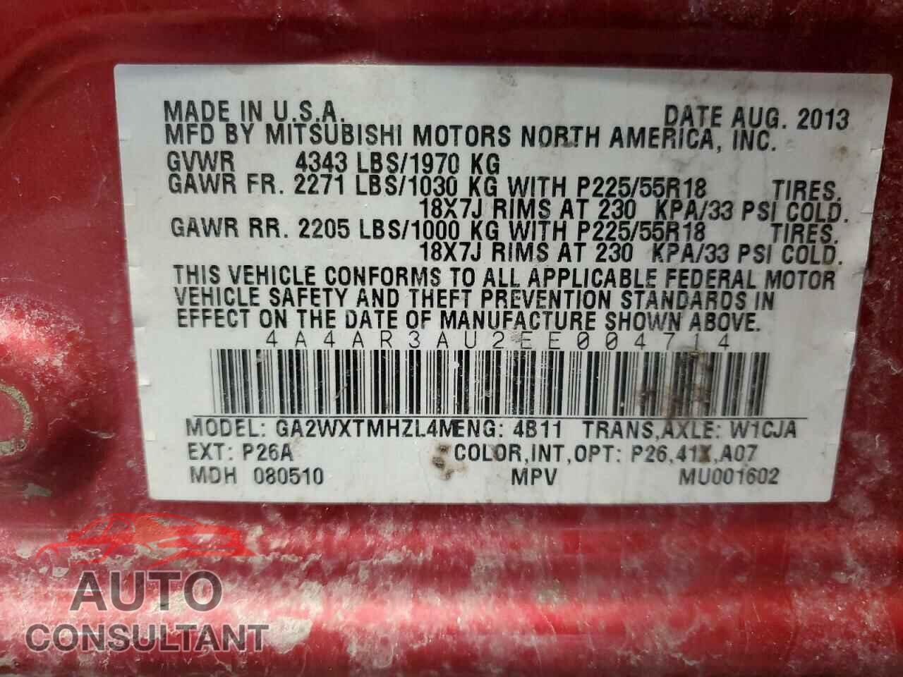 MITSUBISHI OUTLANDER 2014 - 4A4AR3AU2EE004714