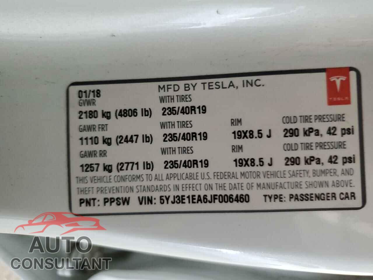 TESLA MODEL 3 2018 - 5YJ3E1EA6JF006460