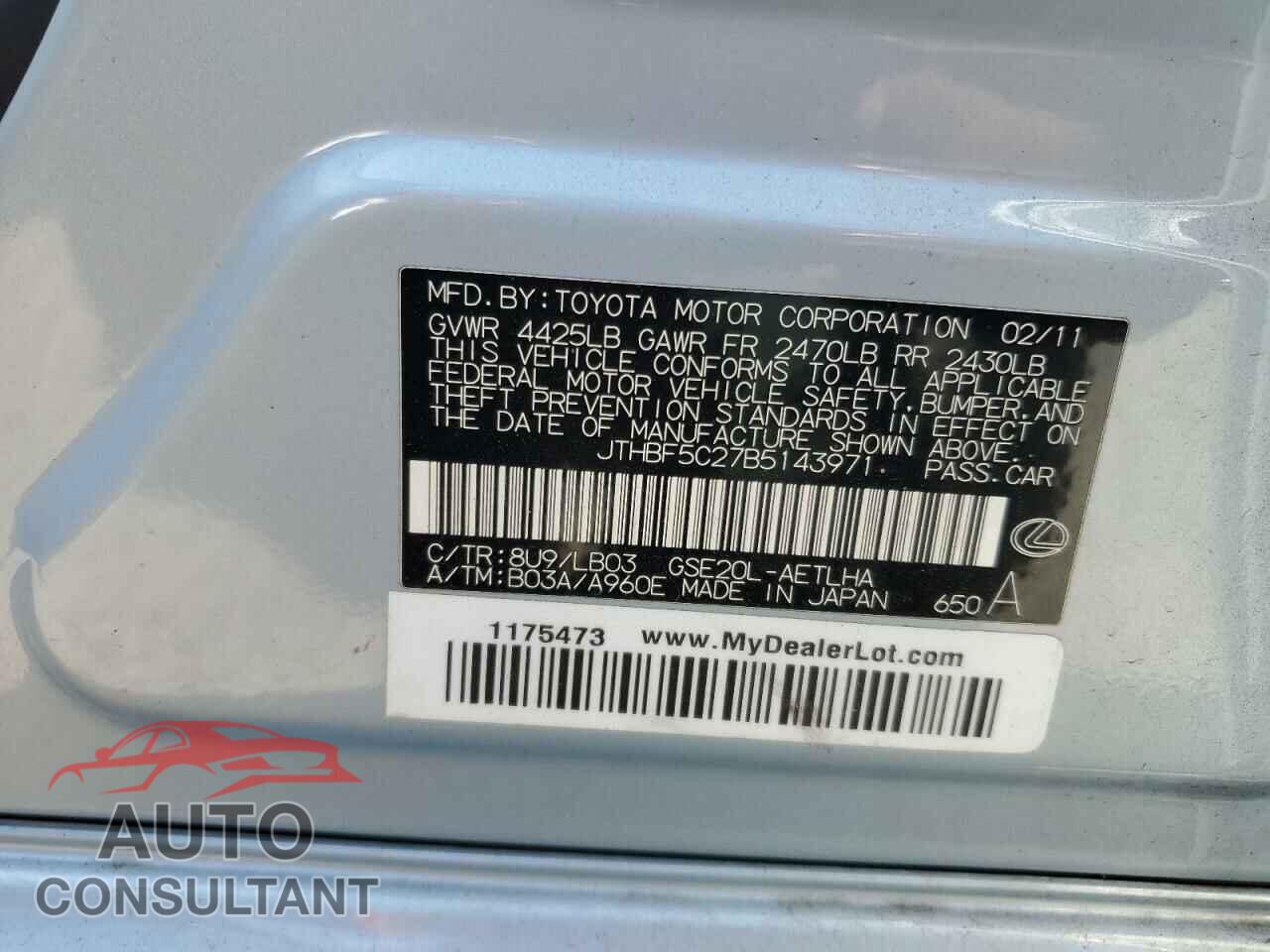 LEXUS IS 2011 - JTHBF5C27B5143971