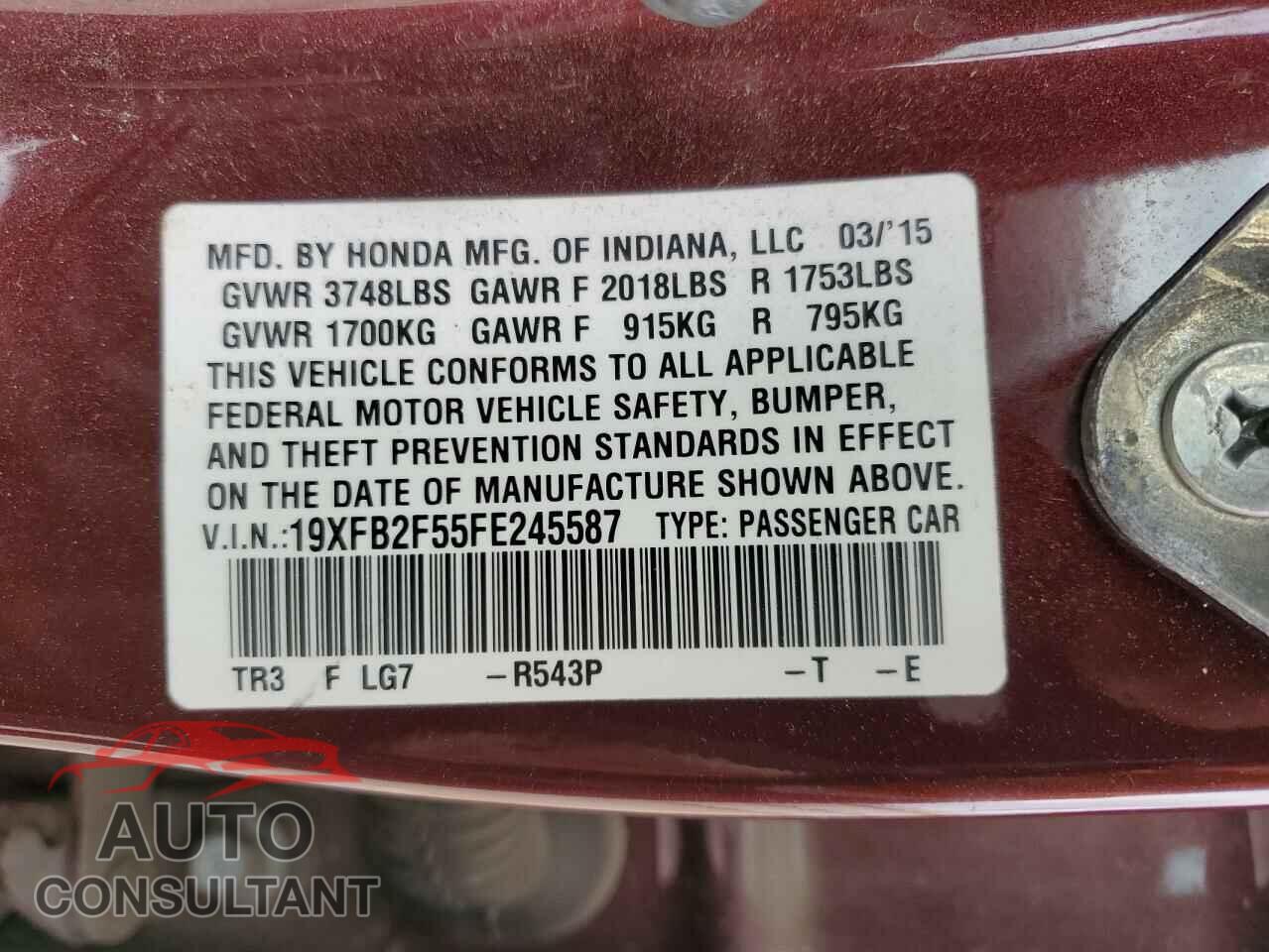 HONDA CIVIC 2015 - 19XFB2F55FE245587