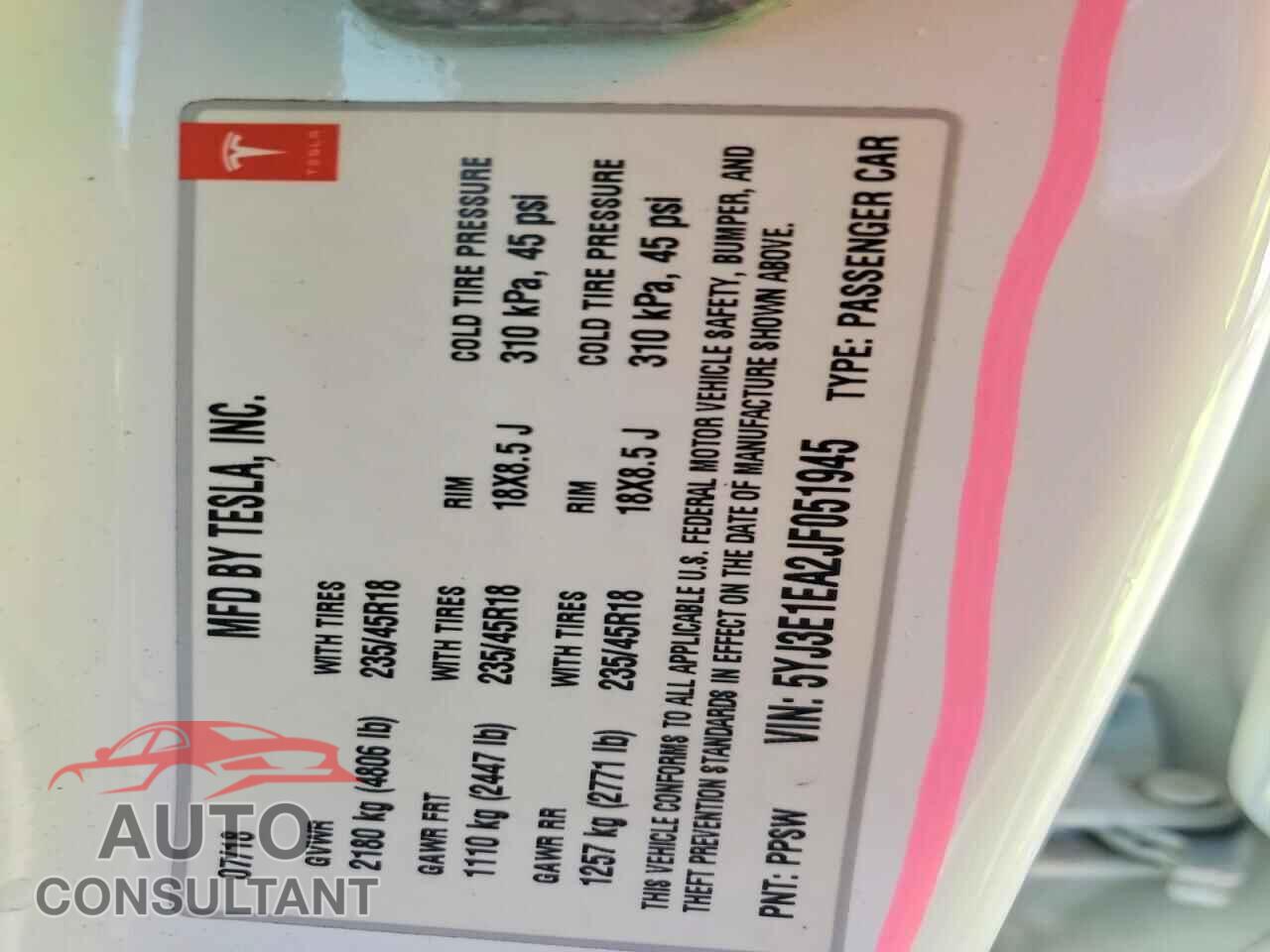 TESLA MODEL 3 2018 - 5YJ3E1EA2JF051945