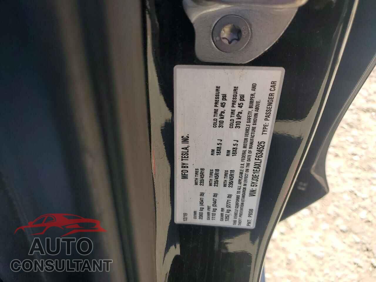 TESLA MODEL 3 2020 - 5YJ3E1EAXLF634525