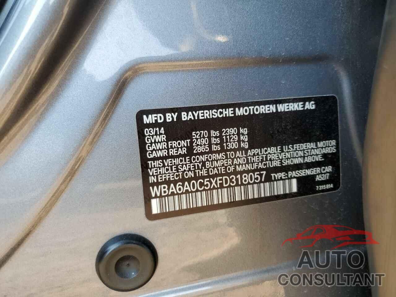 BMW 6 SERIES 2015 - WBA6A0C5XFD318057