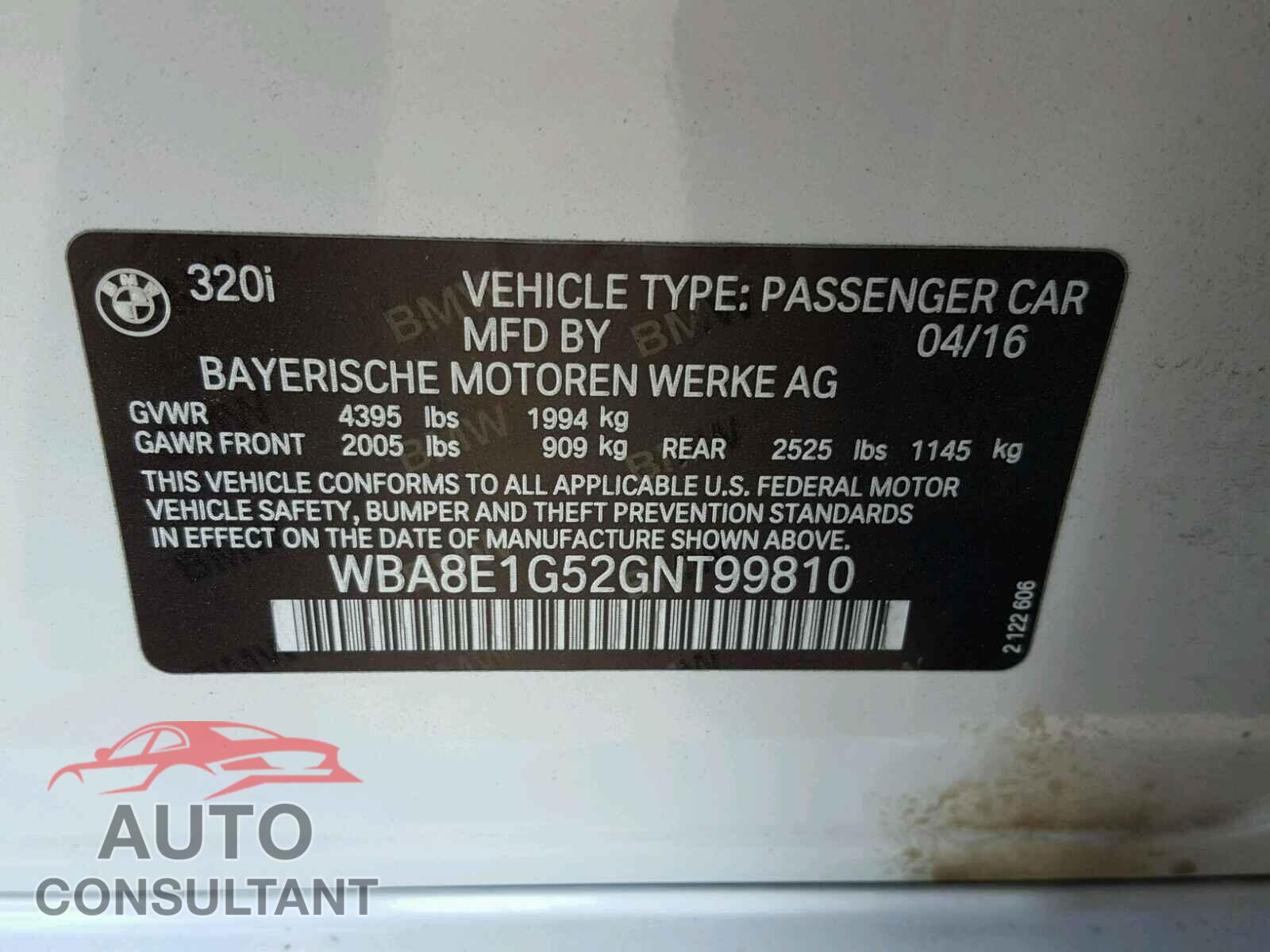BMW 3 SERIES 2016 - WBA8E1G52GNT99810