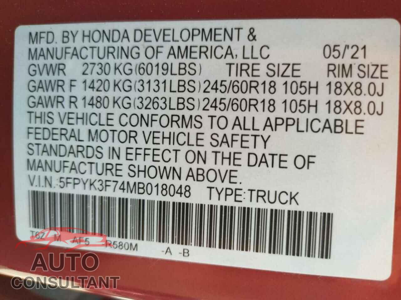 HONDA RIDGELINE 2021 - 5FPYK3F74MB018048
