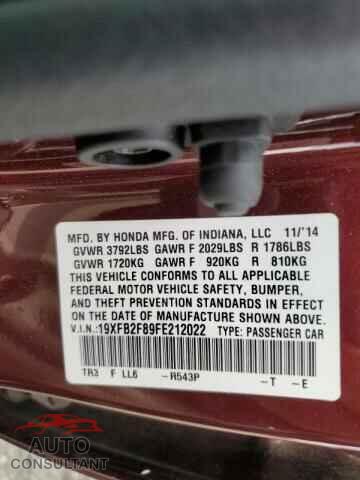 HONDA CIVIC 2015 - 19XFB2F89FE212022