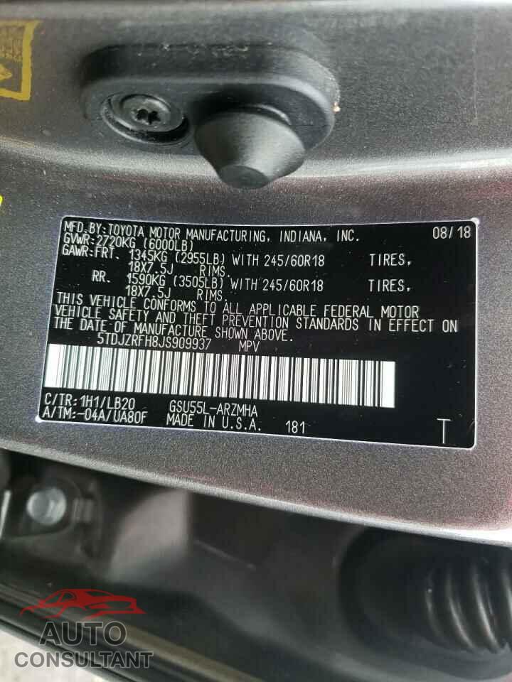 TOYOTA HIGHLANDER 2018 - 5TDJZRFH8JS909937