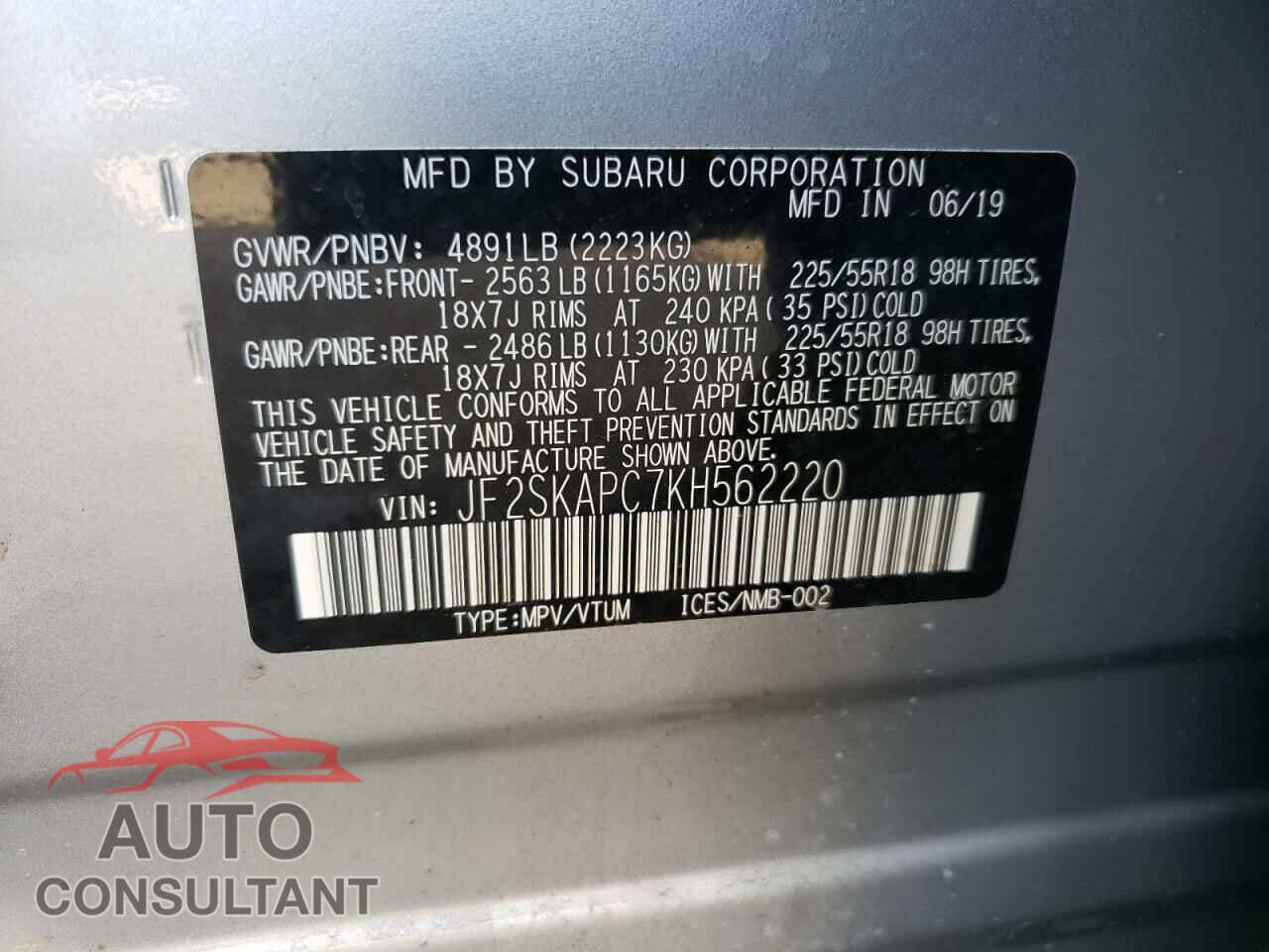 SUBARU FORESTER 2019 - JF2SKAPC7KH562220