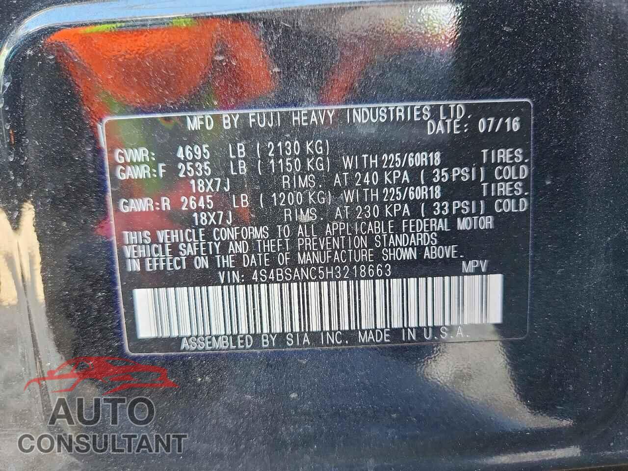 SUBARU OUTBACK 2017 - 4S4BSANC5H3218663