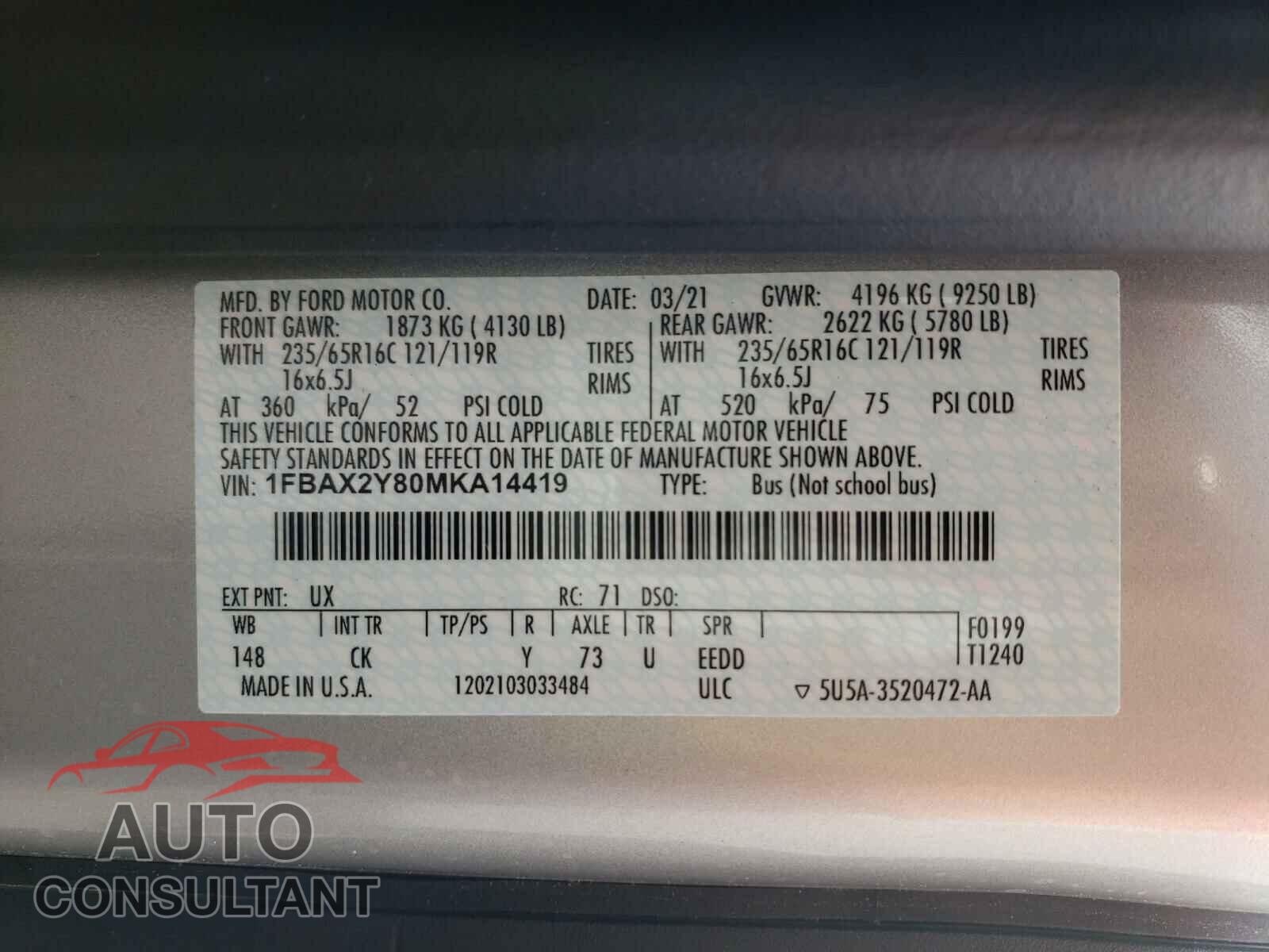FORD TRANSIT CO 2021 - 1FBAX2Y80MKA14419