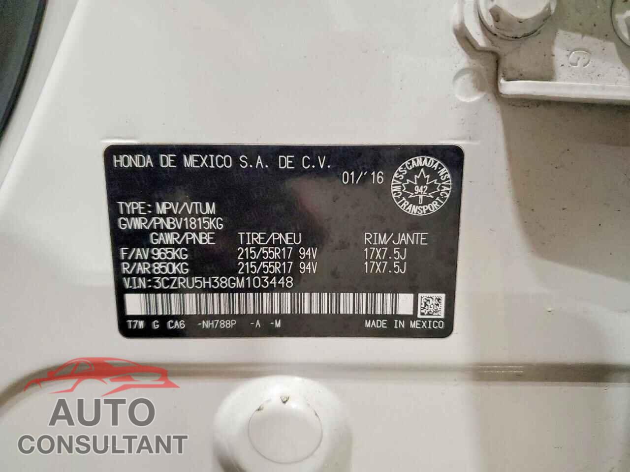 HONDA HR-V 2016 - 3CZRU5H38GM103448