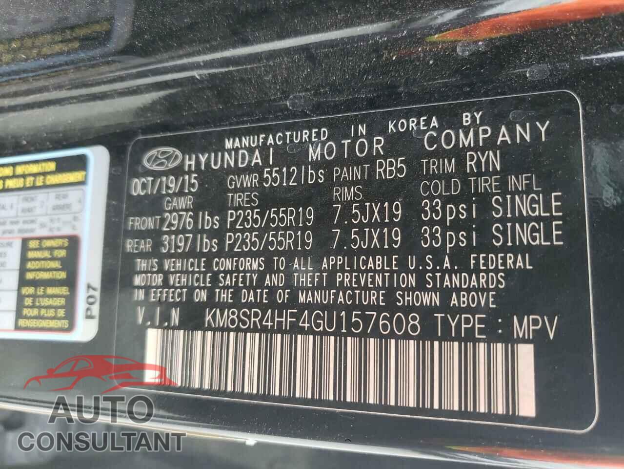 HYUNDAI SANTA FE 2016 - KM8SR4HF4GU157608