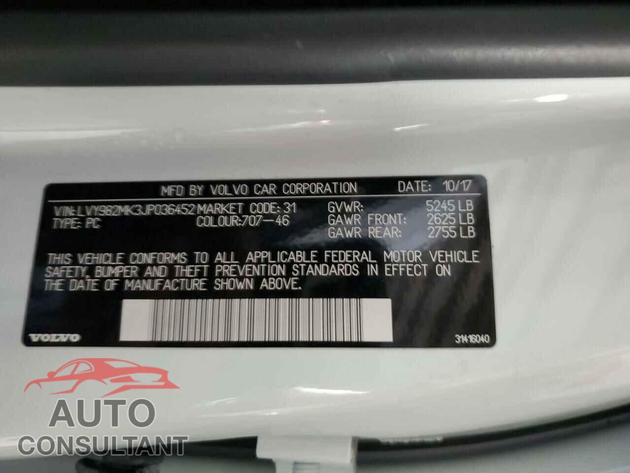 VOLVO S90 2018 - LVY982MK3JP036452
