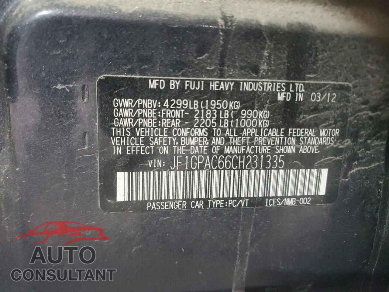 SUBARU IMPREZA 2012 - JF1GPAC66CH231335