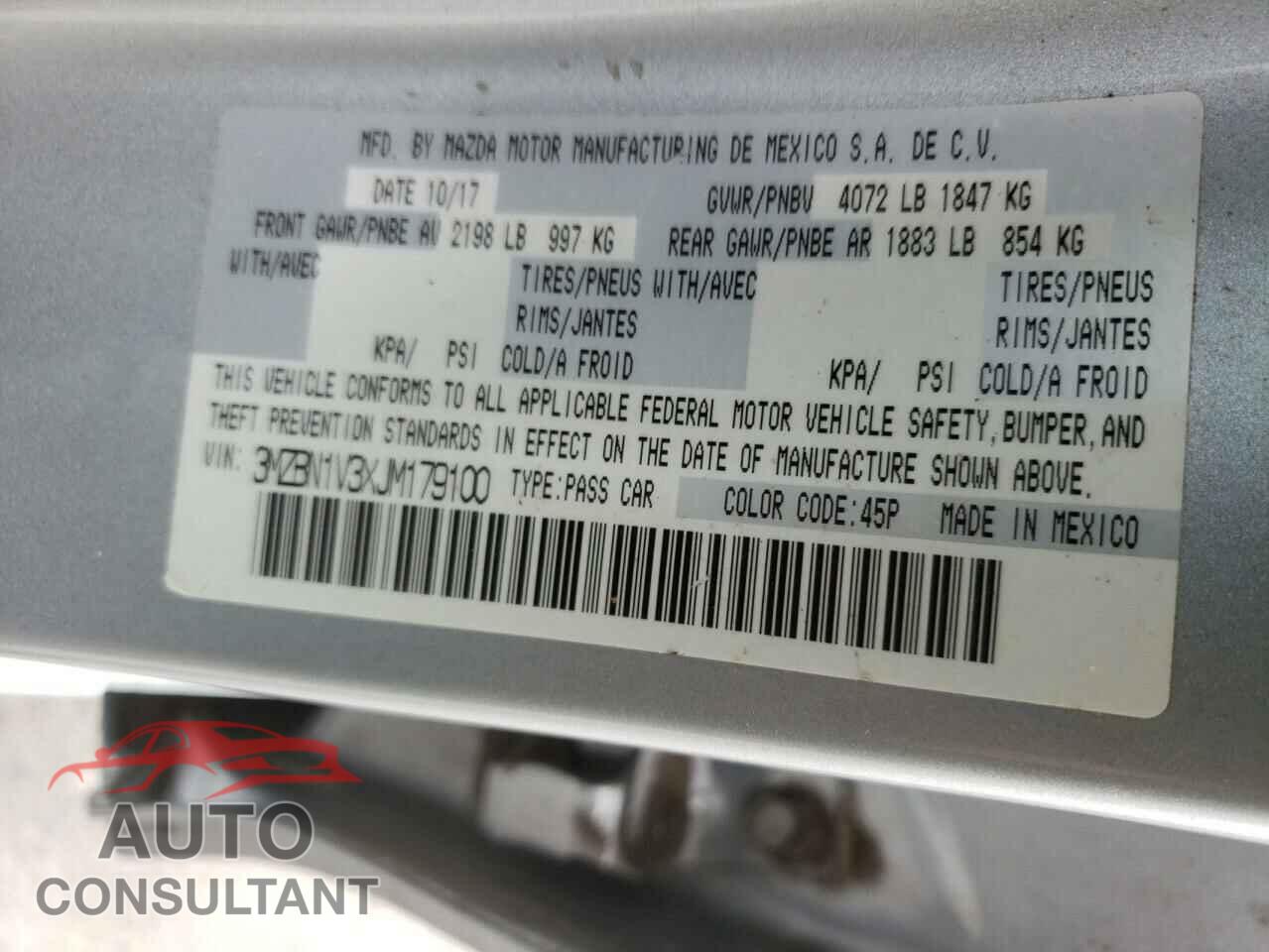 MAZDA 3 2018 - 3MZBN1V3XJM179100