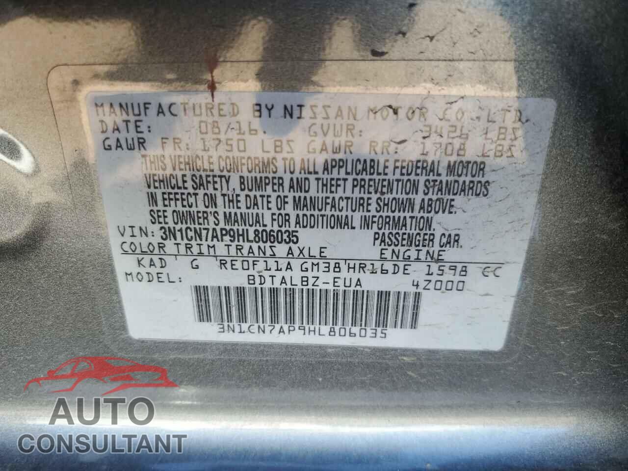 NISSAN VERSA 2017 - 3N1CN7AP9HL806035