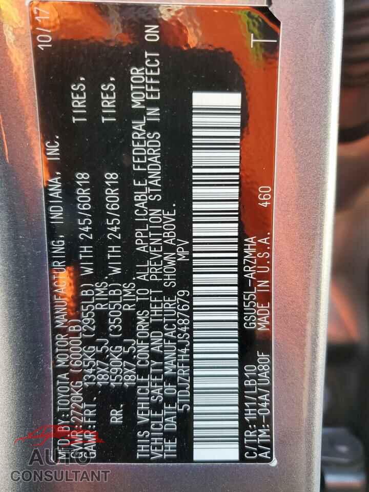 TOYOTA HIGHLANDER 2018 - 5TDJZRFH4JS487679