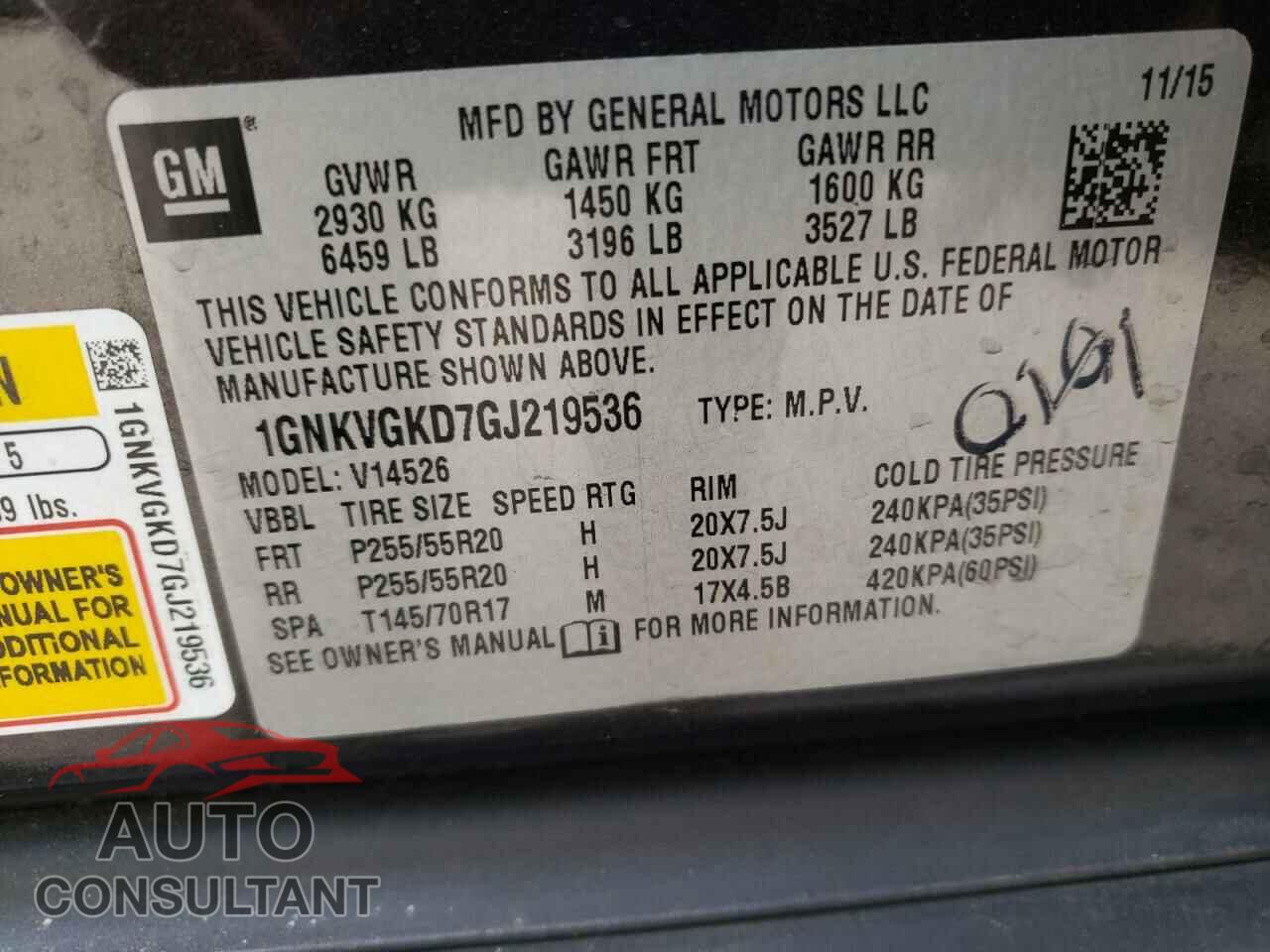 CHEVROLET TRAVERSE 2016 - 1GNKVGKD7GJ219536