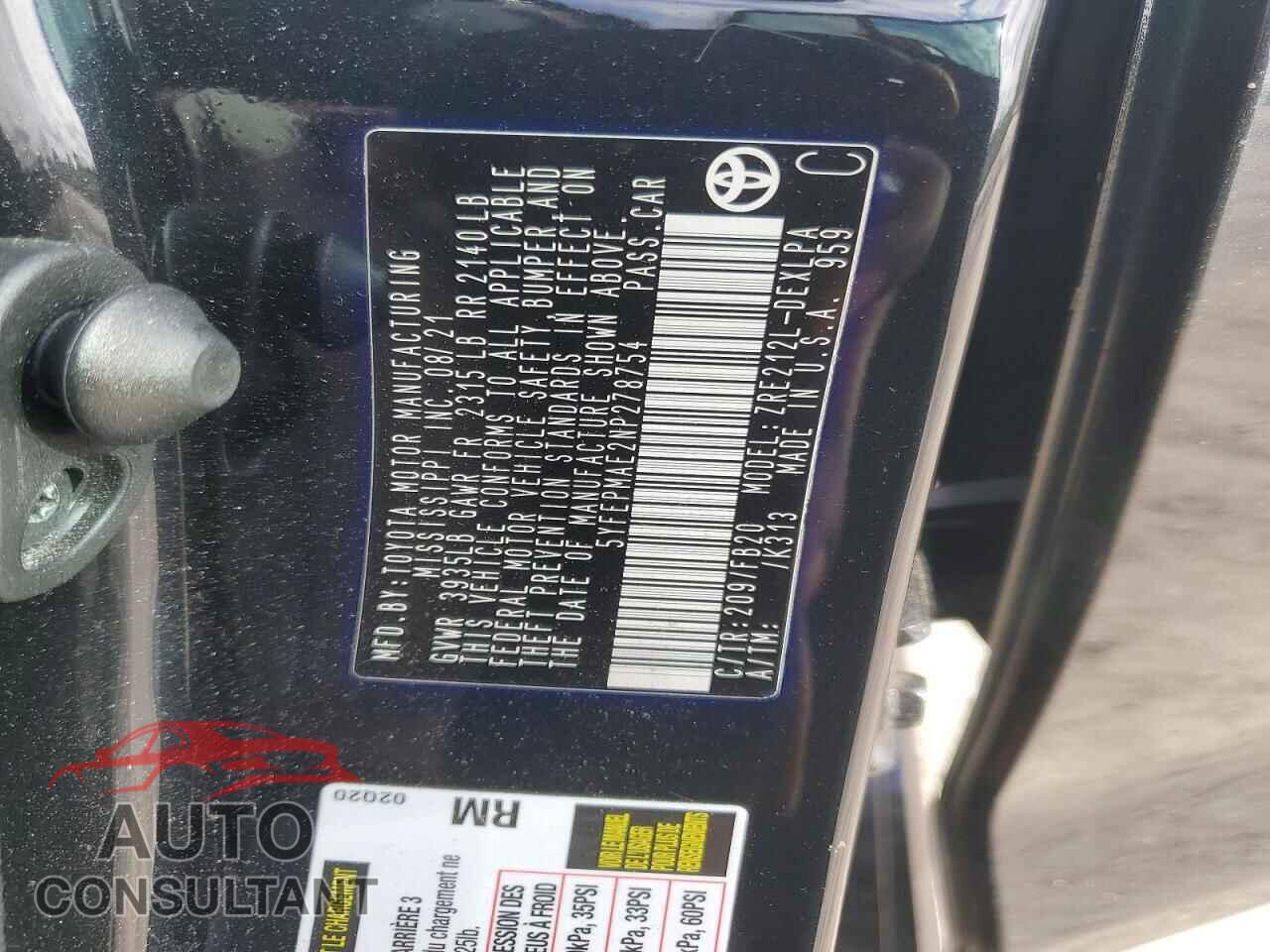 TOYOTA COROLLA 2022 - 5YFEPMAE2NP278754