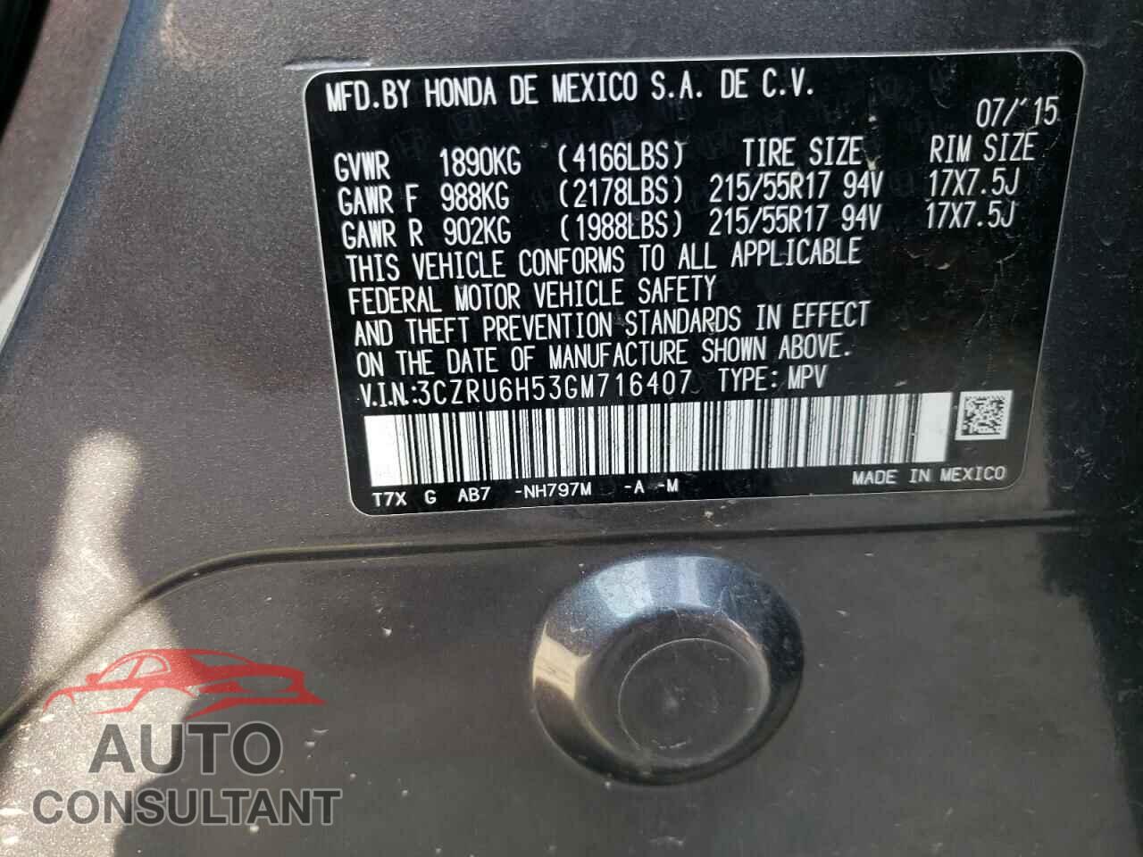 HONDA HR-V 2016 - 3CZRU6H53GM716407