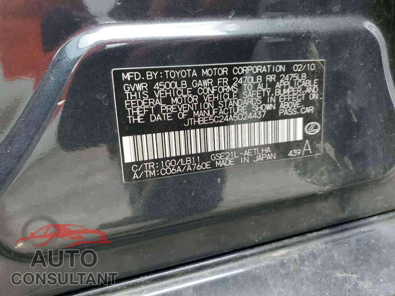 LEXUS IS 2010 - JTHBE5C24A5024437