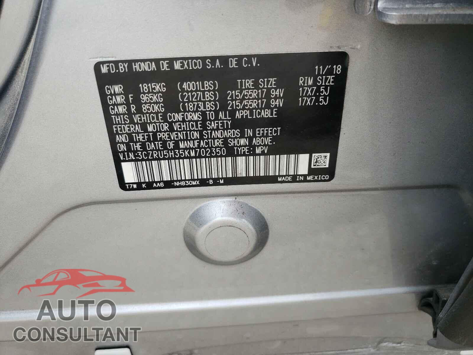 HONDA HR-V 2019 - 3CZRU5H35KM702350