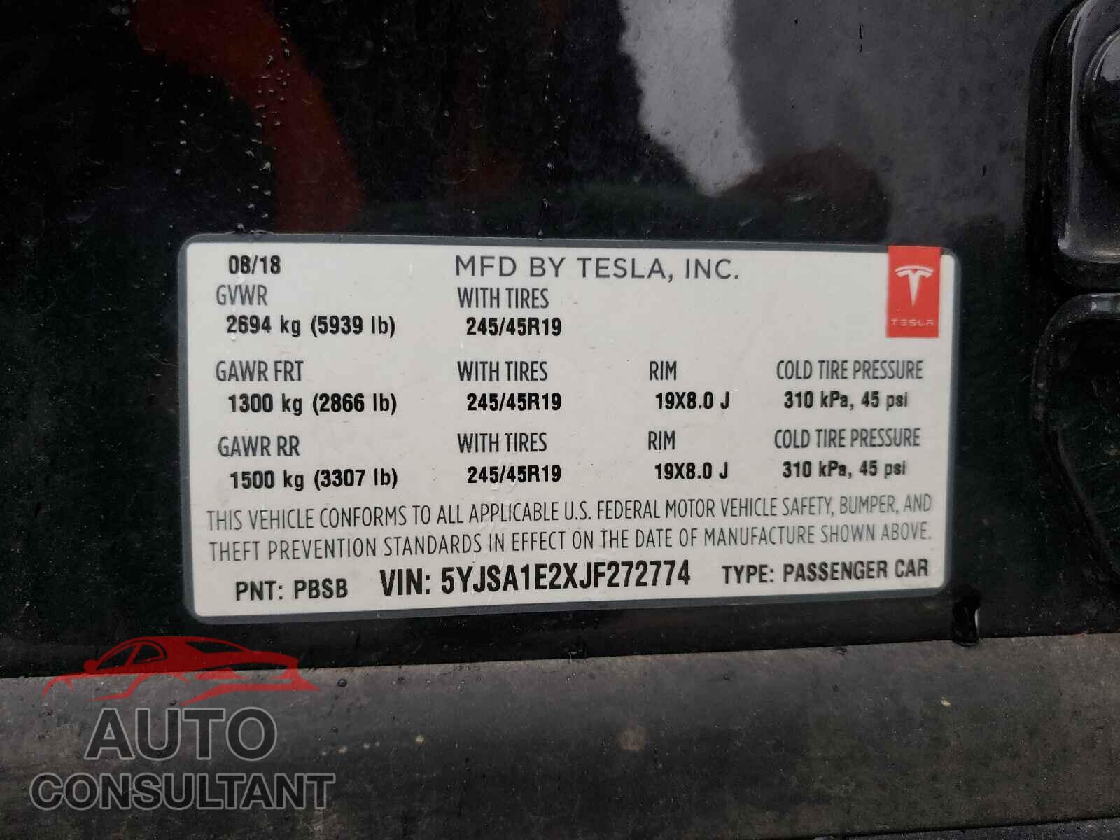 TESLA MODEL S 2018 - 5YJSA1E2XJF272774