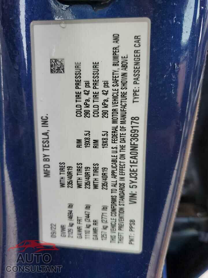 TESLA MODEL 3 2022 - 5YJ3E1EA0NF369178