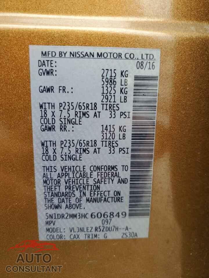NISSAN PATHFINDER 2017 - 5N1DR2MM3HC606849
