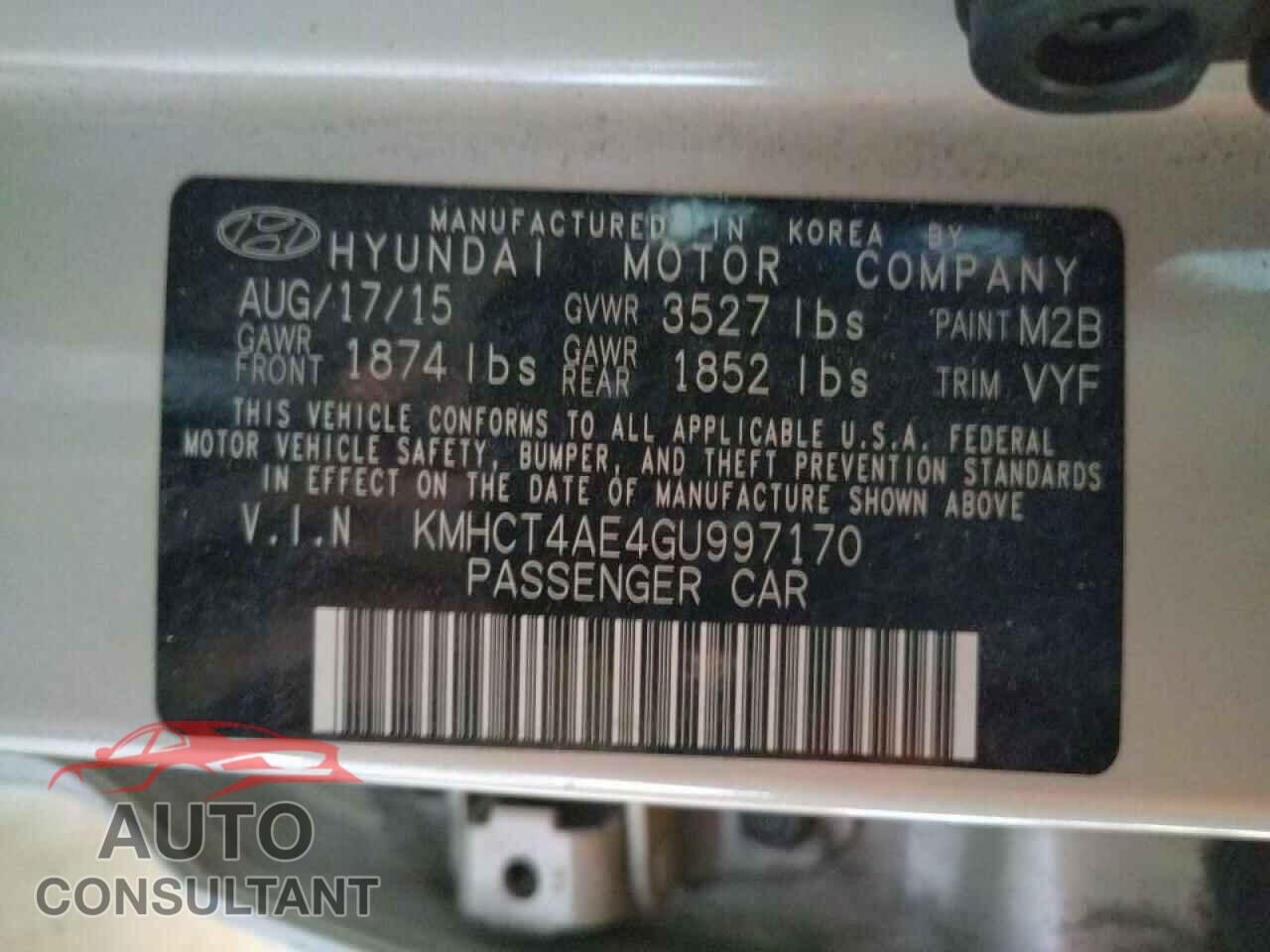 HYUNDAI ACCENT 2016 - KMHCT4AE4GU997170