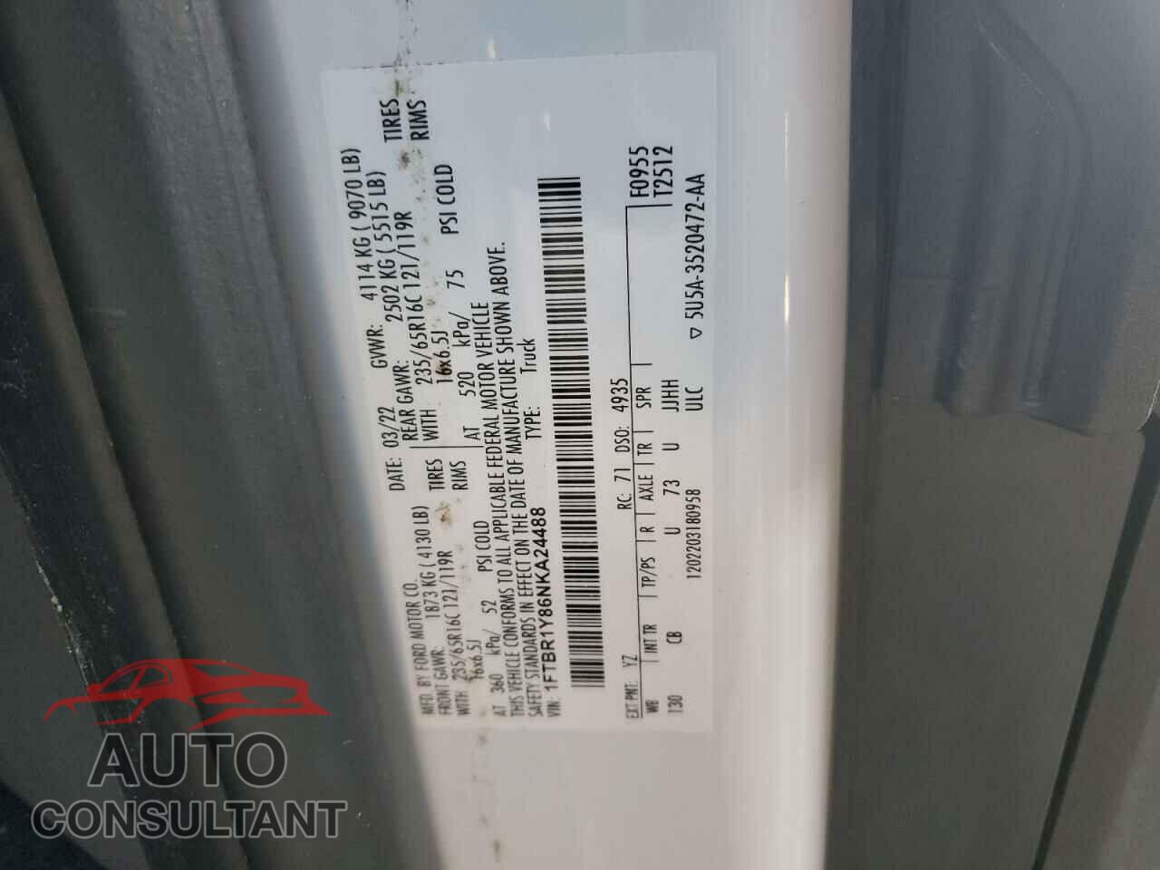 FORD TRANSIT 2022 - 1FTBR1Y86NKA24488