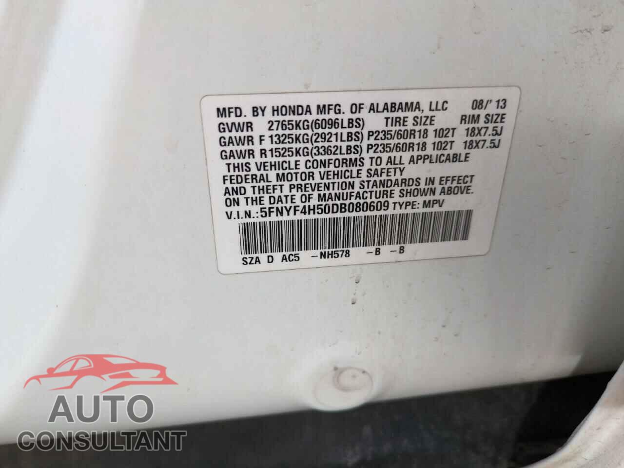 HONDA PILOT 2013 - 5FNYF4H50DB080609