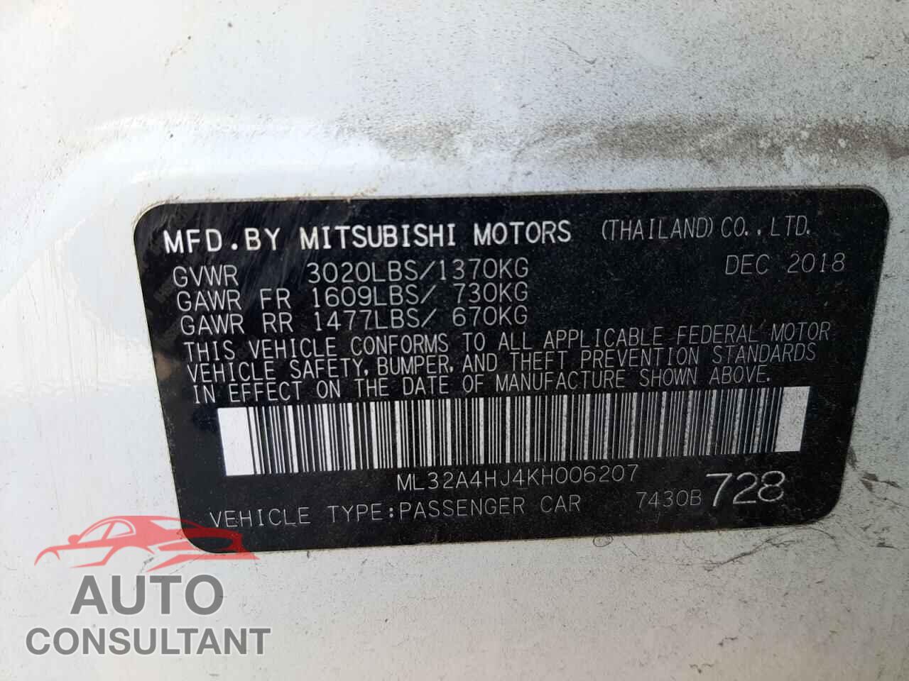 MITSUBISHI MIRAGE 2019 - ML32A4HJ4KH006207