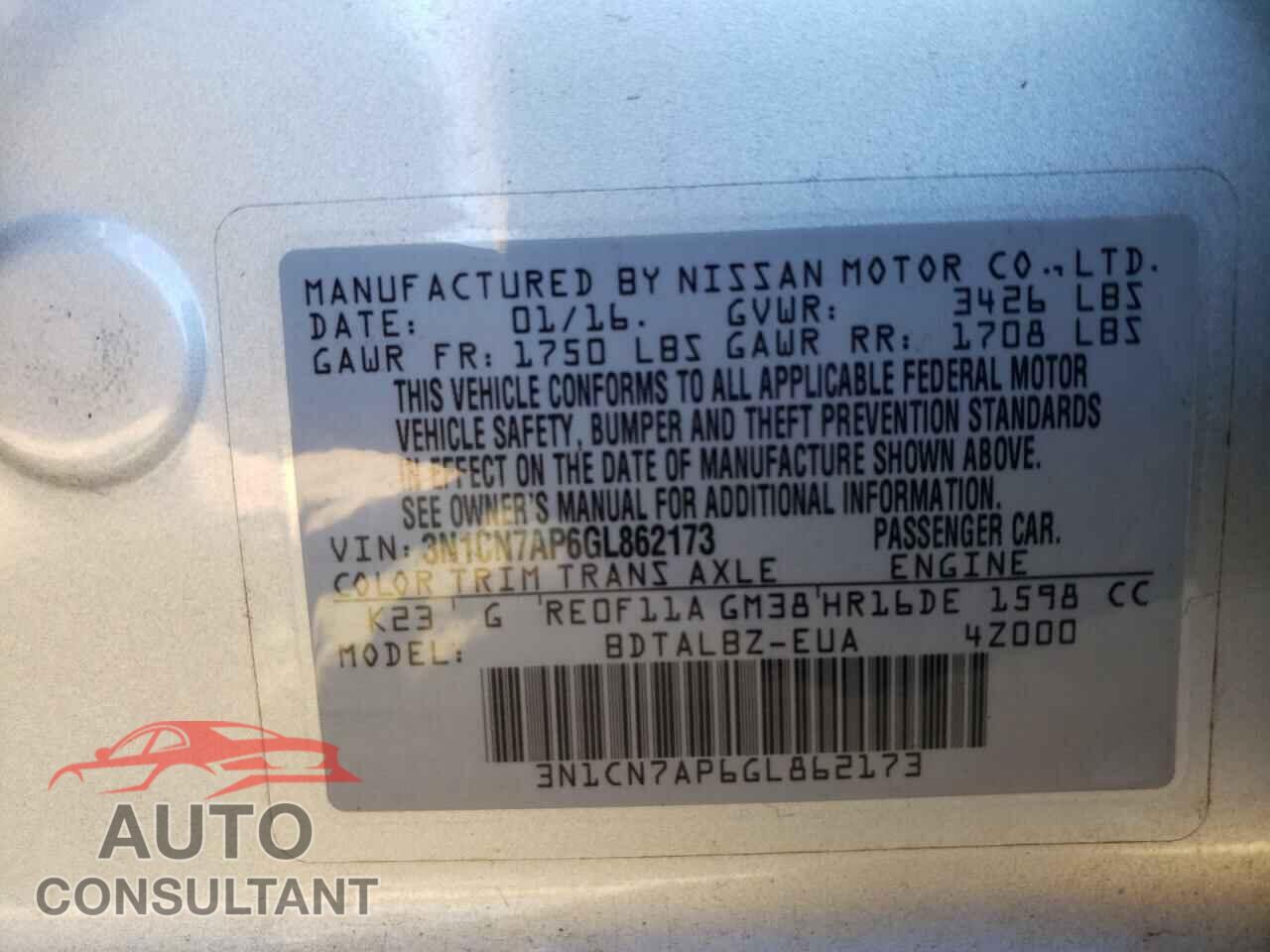 NISSAN VERSA 2016 - 3N1CN7AP6GL862173