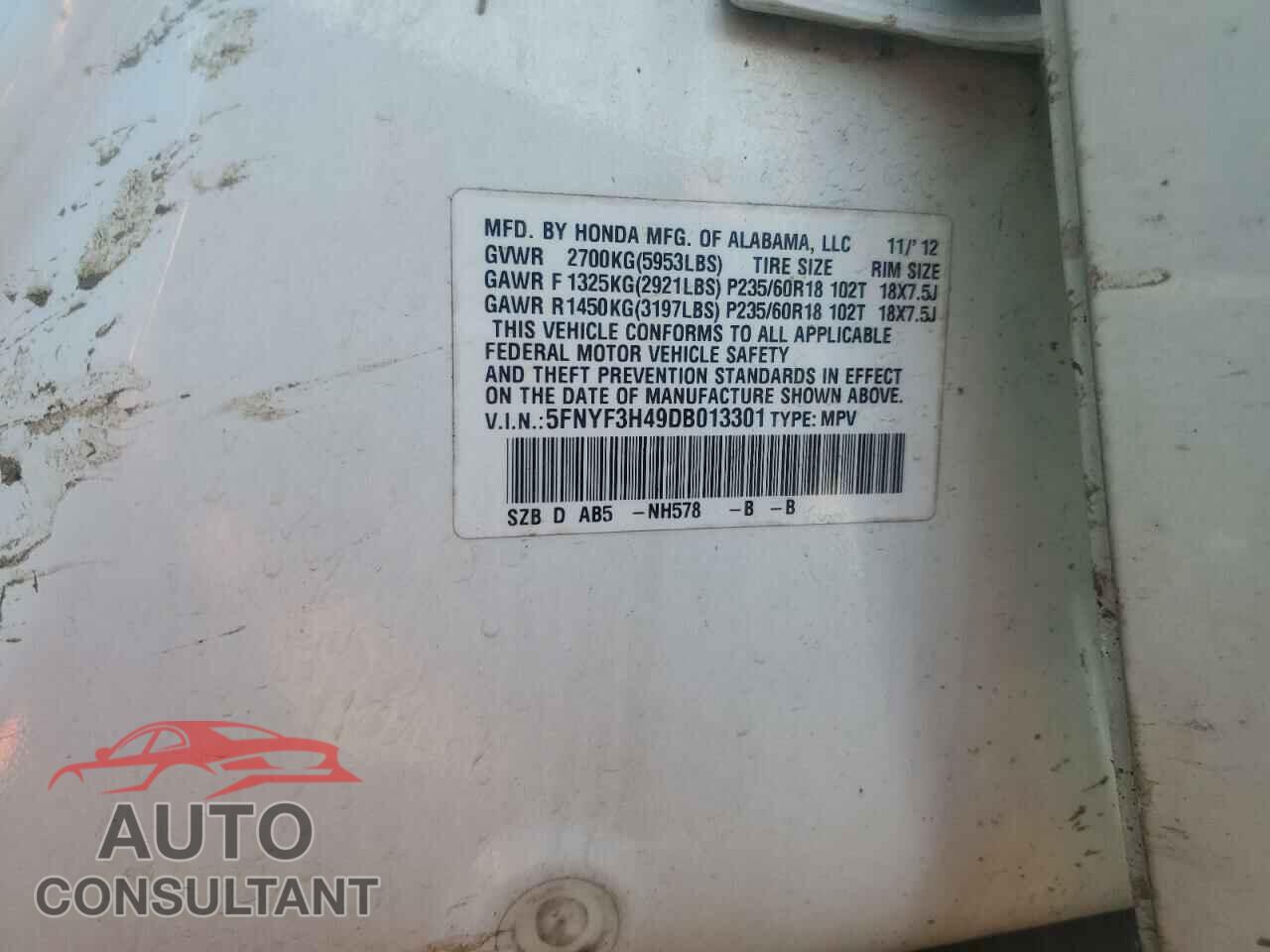 HONDA PILOT 2013 - 5FNYF3H49DB013301