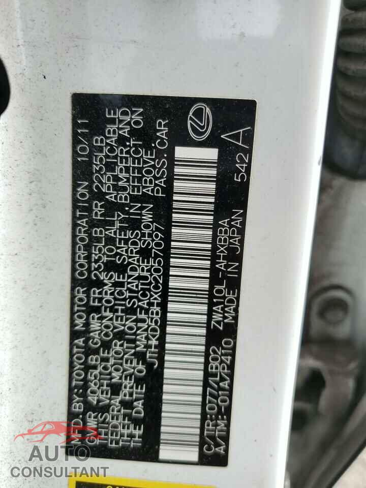 LEXUS CT 200 2012 - JTHKD5BHXC2057097