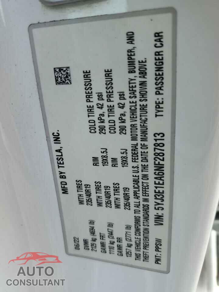 TESLA MODEL 3 2022 - 5YJ3E1EA6NF287813