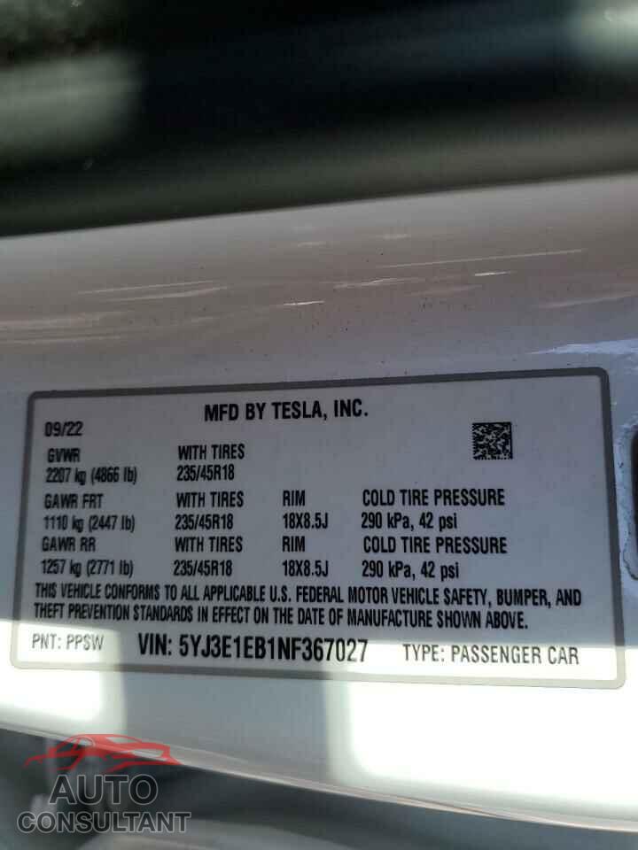 TESLA MODEL 3 2022 - 5YJ3E1EB1NF367027